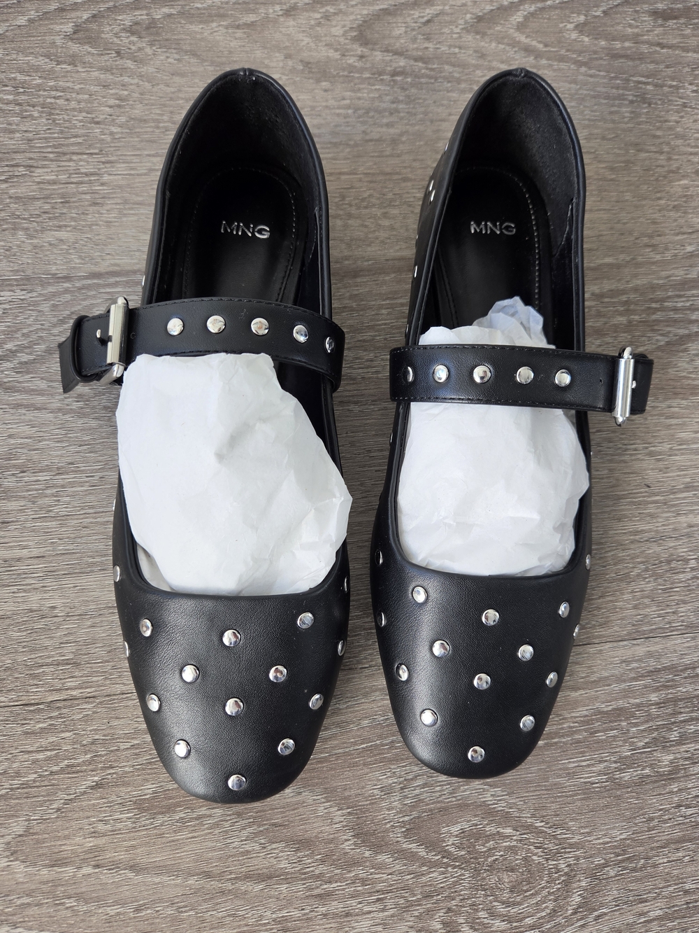 MNG Mango Black Studded Mary Jane Buckle Ballet Flats Size EU 39